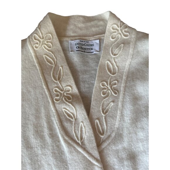 United Colors Of Benetton Cream Cardigan Embroidered Collar Angora Wool Preppy - Picture 2 of 6